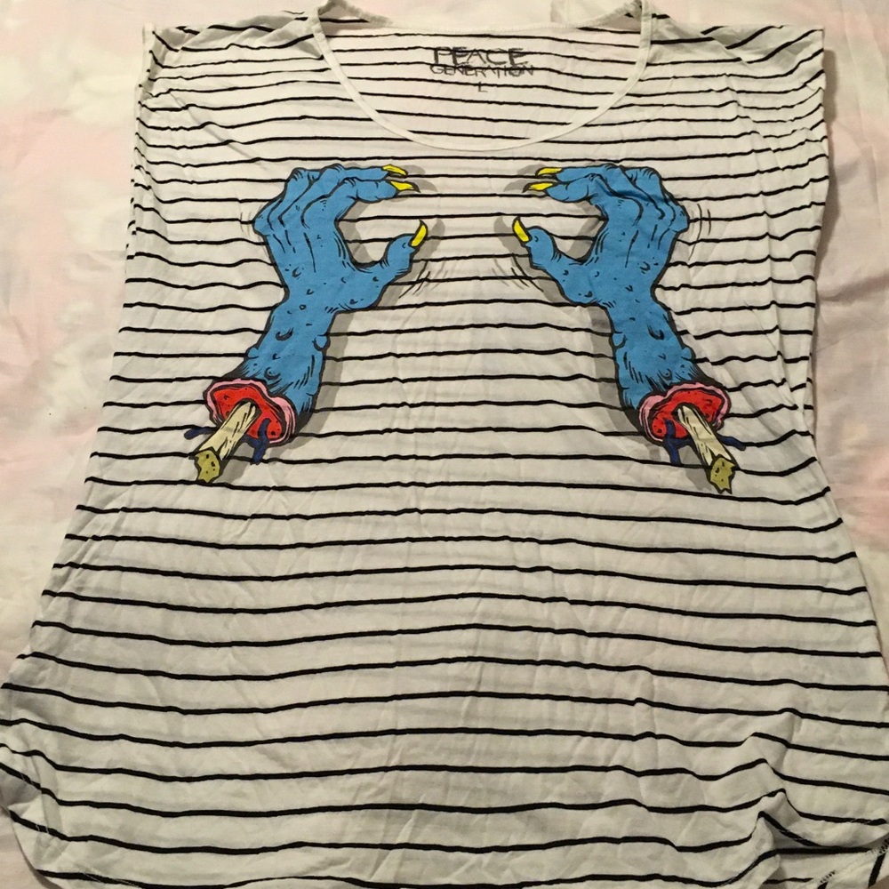ZOMBIE Striped Short-Sleeve Tee with Blue zombie Hand Print
